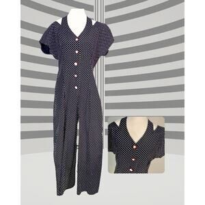Vintage 90s First Focus Black White Polka Dot Wide Leg Culottes Jumpsuit Size XL